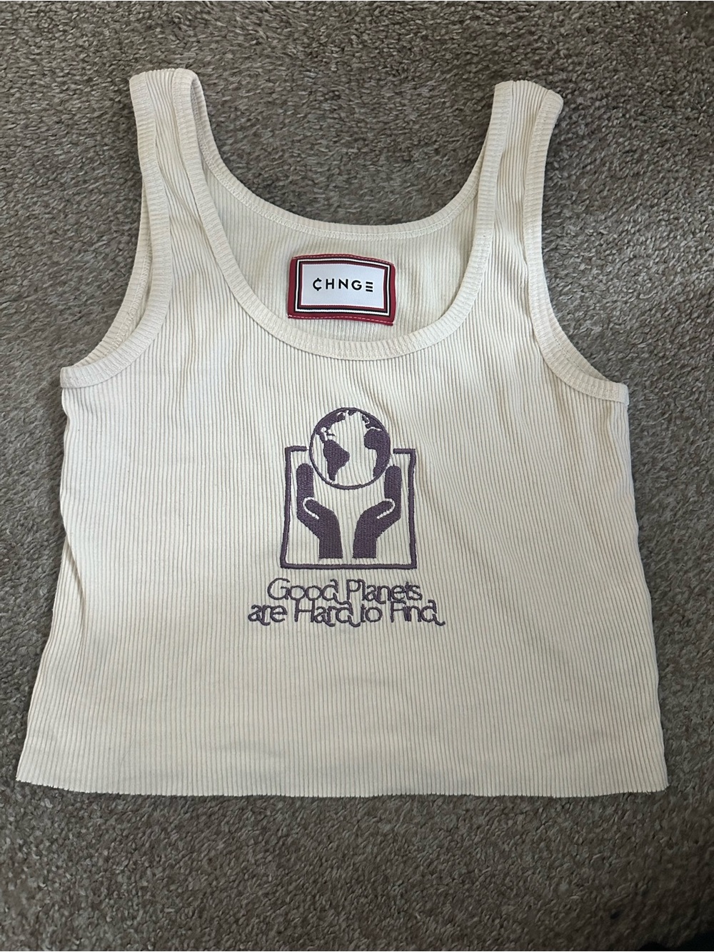 CHNGE Cream Ribbed Tank Top with Purple Earth Graphic